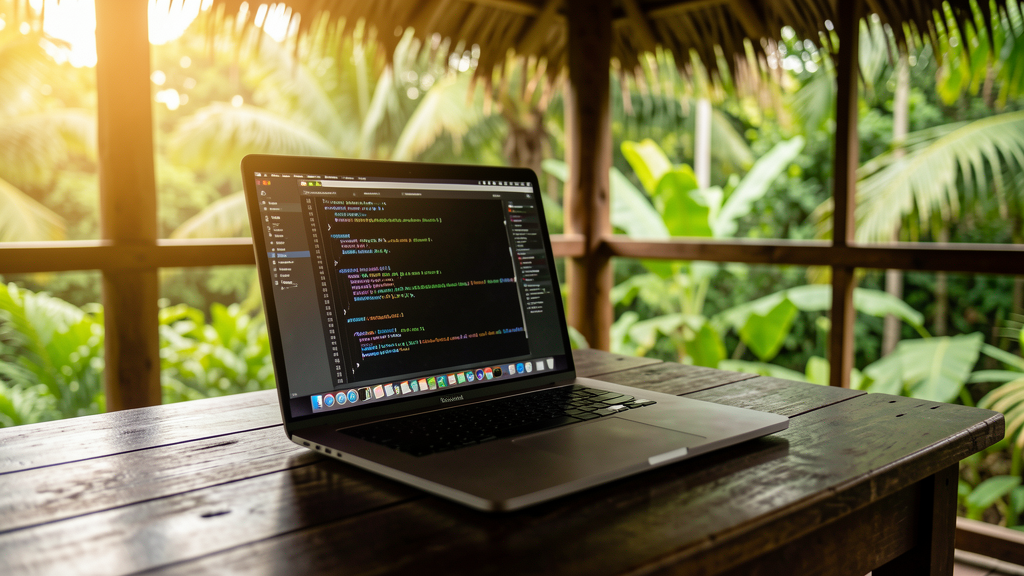 MacBook Pro on a wooden table in a tropical setting